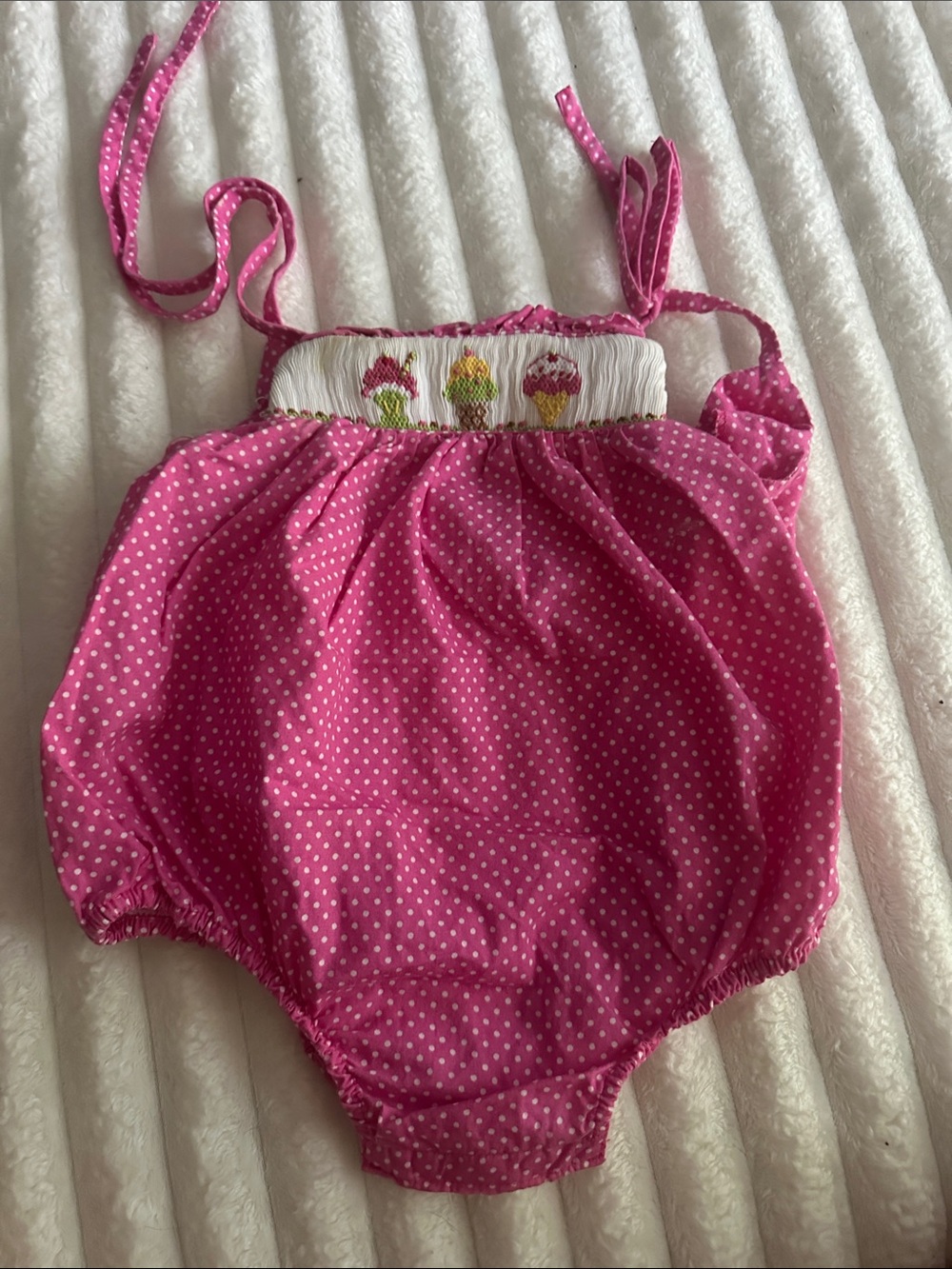 Pink Polka Dot Girls' Bubble Romper with Ice Cream Smocking